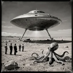 tintype, wide view, desert ufo crash site, scientists studying captured alien octopus
