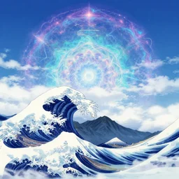 blue sky with clouds above mt tamalpais, holographic, kaleidoscope, psychedelic, hokusai, parade magazine, cosmic energy by kelly mckernan, yoshitaka amano, ryohei hase, hiroshi yoshida, moebius, artgerm, bright rainbow iridescent colors, inspired by dnd, iridescent rainbow aesthetic, fine detail, 4 k, anime