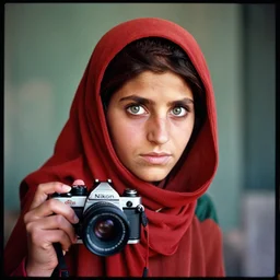 portrait of young mila kunis as afghan girl, green eyes in a red headscarf looking intensely at the camera, taken by steve mccurry, kodachrome 6 4 color slide film, with a nikon fm 2 camera and nikkor 1 0 5 mm ai - s f 2. 5 lens