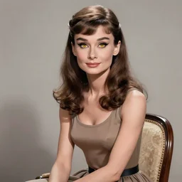 audrey hepburn as gorgeous woman with long wavy brown, yellow eyes, luscious lips, wearing a low cut tanktop and skirt, sitting in a chair. highly detailed, digital painting, artstation, concept art, smooth, sharp focus, illustration, art by artgerm and alphonse mucha, high definition digital art, in the style of ilya kuvshinov and ross tran, ultra detail, ultra realistic, rendered by awesomeness