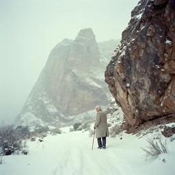 photo of shiprock, new mexico during a snowstorm. a old man in a trench coat and a cane appears hazy in the distance, looking back over his shoulder. cold color temperature, snow storm. hazy atmosphere. humidity haze. kodak ektachrome, greenish expired film, award winning, low contrast,