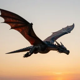 Fantasy art of a dragon flying into the sunset.