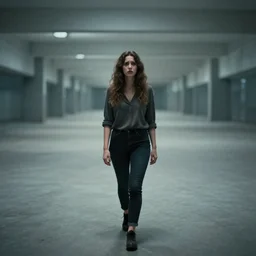 50mm f1.8 panoramic photo of a confused woman walking inside an endless infinite liminal space, uncanny, megalophobia, Bokeh, Graflex