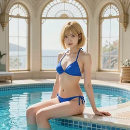 young asian girl, short blond hair, sit on the edge of swimming pool, blue bikini, indoor, bay window, intricate, elegant, digital painting, highly detailed, artstation, sharp focus, illustration, ruan jia, rutkowski