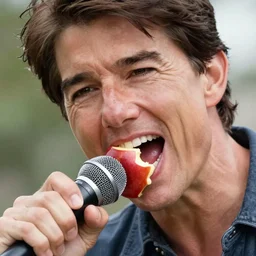 Tom Cruise eating a microphone like an apple the microphone is being crushed by his massive teeth, photo realistic, highly detailed, natural lighting, 4k