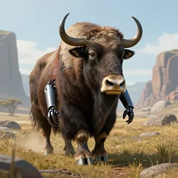 highly detailed portrait photo of an anthropomorphic cyborg mutant with the head of a musk ox, wearing breeches and is wandering through a scenic dystopian steppe, hyperrealistic Illustration