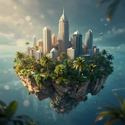 floating tropical island a City in top, dynamic lighting, volumetric, bokeh, cinematic, establishing shot, extremly high detail, photo realistic, cinematic lighting, post processed, concept art, artstation, matte painting, style by eddie mendoza, raphael lacoste, alex ross