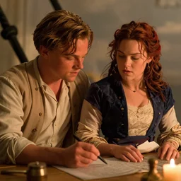 movie still from the movie titanic where leonardo dicaprio is drawing kate winslet, warm colors, realistic, beautiful lighting