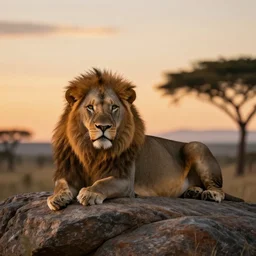award winning photograph of lion laying against some rocks sunset