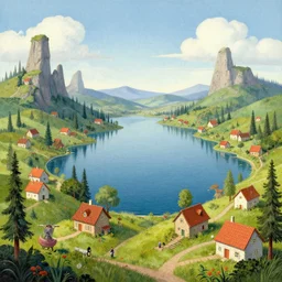 a fantasy landscape with houses around a big lake, lowbrow in the style of alexander jansson and john bauer and francisco de goya,