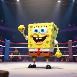 spongebob squarepants as an mma fighter, in the ring for a big fight, wide shot, 3 d, hyperrealistic, rendered in octane, by yuumei, bayard wu, wlop, tim white, ross tran, 4 k