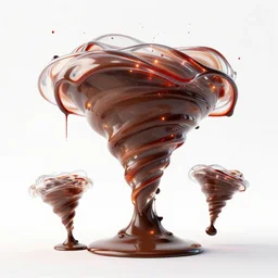a giant tornados made of 5 small tornados of semitransparent liquid blend of semitransparent liquid chocolate syrup and maple syrup with a red and orange spit lights coming from above and a a white background, global illumination, hyper real render, ultra glossy, surreal concept art, artstation, 4 k,