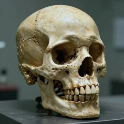 a human skull built by aliens to fool an autopsy technician. Photograph from sci-fi film.