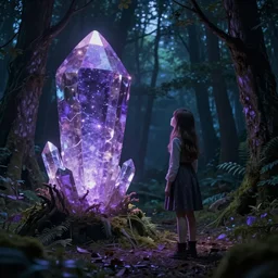 a young girl lost in an endless the woods encounters a gigantic glowing purple crystal containing the spirit of the forest at night. Jordan Grimmer. Geoffroy Thoorens.