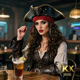 a high quality portrait of a beautiful stunning pirate in a cyberpunk cyberpunk cyberpunk cafe realism 8k award winning photo
