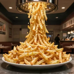 professional photo of a massive plate of French fries that reach as high as the ceiling, 4k
