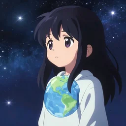 anime portrait of earth - chan!!! looking far away on space, sad!!! melancholy!!! art station, ( ( ( blurred, highly detailed, chibi ) ) ), illustration, stars and galaxies, cinematic!!!,
