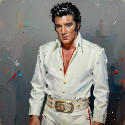 abstracted Elvis Presley painted in extremely thick, glistening impasto splatter paint, in muted colours, in impressionist styles