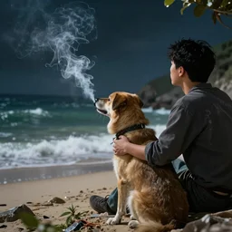 dog smoking marijuana with owner on the beach, watching the world end, dynamic lighting, fantasy art, High contrast, depth of field