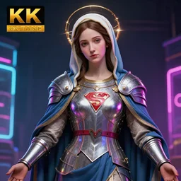 impressive portrait of the virgin mary, in superhero costumes, details in armor, works of art, octane rendering, 8 k environment,, neon, high detail, 8 k, hdr, studio, matte painting, environment, digital illustration, artstation, byshardula, by kuvshinov