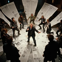 movie frame still from live action adaptation of character sheet turnaround, directed by steven spielberg, 8 k, vhs glitch, ultra wide angle, high contrast, zenith view, greg rutkowski, intrincate, highly detailed, ilm, oscar winning photography, dramatic lighting, greg nicotero, beautiful image
