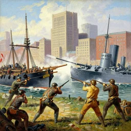 a vibrant painting of the css virginia and uss monitor engaged in a gunfight by william turner, detailed, art, 1 8 6 2, british museum, colorful, beautiful, high rise buildings