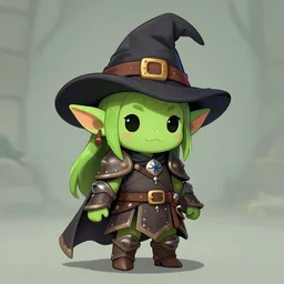 cute tiny goblin girl with green skin wearing hunter armor from Bloodborne and a wizard hat, d&d, digital art, picrew