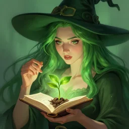 character concept portrait of fascinated nathalie emmanuel as green-haired witch enchanting a germinating seed, a floating spell book in the center, intricate, elegant, digital painting, concept art, smooth, sharp focus, illustration, from Metal Gear, by Ruan Jia and Mandy Jurgens and William-Adolphe Bouguereau, Artgerm