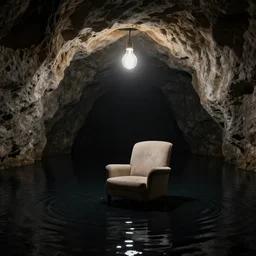 a huge cave, black lake, chair armchair surrounded by black water under a lightbulb, surreal, highly detailed, artstation, smooth, sharp focus, by greg rutkowski, 8 k