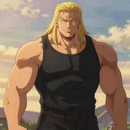 portrait of the immensely towering bodybuilder Neil Gaiman with beautiful long pale blond hair, posing for a photoshoot in the golden hour, black tank top, broad shoulders and huge thick arms, ambient lighting, 4k, anime key visual, lois van baarle, ilya kuvshinov, rossdraws, artstation