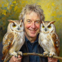 portrait of Terry Pratchett smiling with an owl, colourful by Thomas Kinkade, detailed, beautiful composition, oil painting