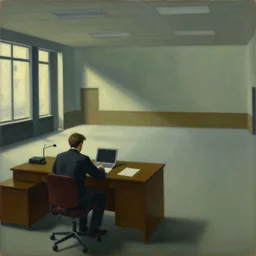 painting of a lonely man sitting at his desk in an empty, huge office, in the style of edward hopper