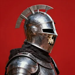 side - view portrait of a knight, kaldor helmet with spikes on top, human skull visor, red background, very masterful