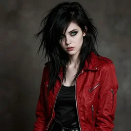 black - haired pale - skinned girl with emo hair over eye, green eyes, wearing cherry red jacket and black spandex pants