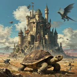 large fantasy castle rising from the top of a giant tortoise, towering over a harsh barren wasteland, howls moving castle, mortal engines, kaiju, distant - mid - shot centered, fantasy, hyper detailed, 4 k