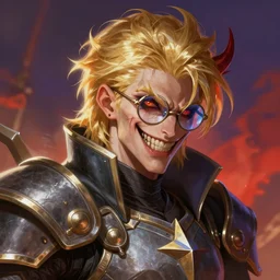 blond knight with glasses demonic grin, fantasy, digital painting, dramatic lighting, vibrant setting, realistic shading, unreal engine 5, concept art, ultra detailed, trending artstation