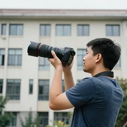 a man holding a camera in front of a building, a stock photo by ota bubenicek, reddit contest winner, rayonism, dslr camera, long lens, dslr