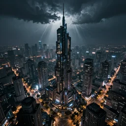 aerial shot of the impressive dystopian cyberpunk city at night during amazing storm