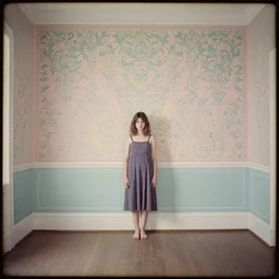 a lonely girl in an empty room, colored daguerreotype, by Mackintosh, by Max Ernst, art noveau, Baroque wallpaper pastel colors,