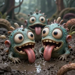 of a dark and muddy landscape with strange cute friendly creatures with big eyes, mouth, long tongue and round teeth appearing from the wet mud, in the style of Gaudi, macro lens, shallow depth of field, highly detailed, digital painting, trending artstation, concept art, illustration, cinematic lighting, vibrant colors, photorealism, epic, octane render