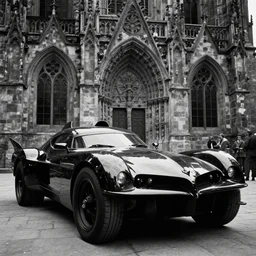 a stunning batmobile inspired by medieval gothic cathedrals, award - winning documentary photograph, cinestill 8 0 0 t 3 5 mm b & w, heavy grain, high quality, noir, natural textures, photorealistic, ambient occlusion, hd, ultra wide lens, anamorphic