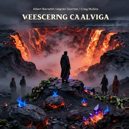The wandering lava mage standing on the misty edge of a fiery caldera by Albert Bierstadt and Gerald Brom and James Gilleard and Craig Mullins and Greg Hildebrandt and Dean Ellis and Arantza Sestayo, smooth round rocks, blue flames, low light, glowing orange and purple crystals, green vines, misty, smoky, tonalism, sfumato