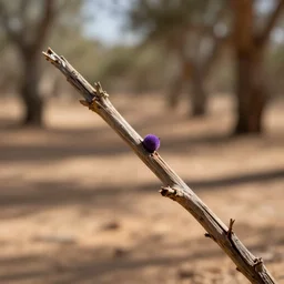 ultra realistic close - up on a dried branch with little purple eock in a desert forest blur