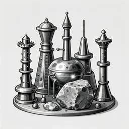 2 d illustration of ancient technology artifact made of steel and stone, with glow on some of its parts, monochromatic background