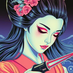 a close - up grainy, risograph painting, hyper light drigter, neon colors, a big porcelain glossy geisha head, with long hair, floating above the sharp peaks weapons, style by moebius and kim jung gi