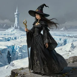 mrs doubtfire as a witch, mage tower far away, glacier landscape, d & d, fantasy, intricate, elegant, highly detailed, digital painting, artstation, concept art, matte, sharp focus, illustration, art by hayao miyazaki