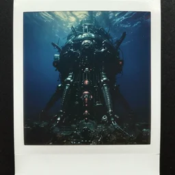massive underwater structure, dark, deep underwater, megalophobia, thallasophobia, submechanophobia, creepy, eerie, scary, horror, murky water, old polaroid, expired film,