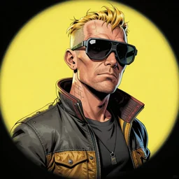 hyper detailed comic illustration of a cyberpunk Doc Brown wearing a futuristic sunglasses and a gorpcore jacket, markings on his face, by Android Jones intricate details, vibrant, solid background, low angle fish eye lens