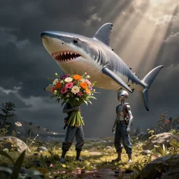 extraterrestrial shark gentlemen holds a bunch of flowers, artstation, kinkade
