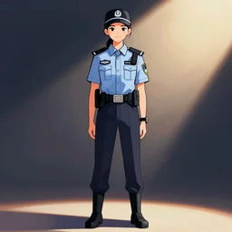 illustration vector fine line art of a girl cop,very pretty asian face,full-length view,color,trending on shutterstock